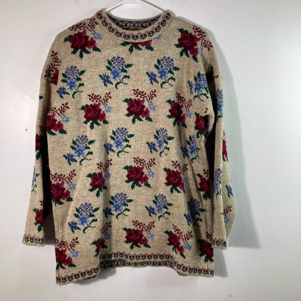 Womens Vintage 90s Dana Scott Floral‎ Sweater Crew Neck Tan Red M Acrylic